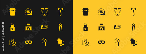 Set Hammer, Welding glasses, Clamp and screw tool, Medieval axe, Blacksmith oven, Horseshoe, mask and anvil icon. Vector