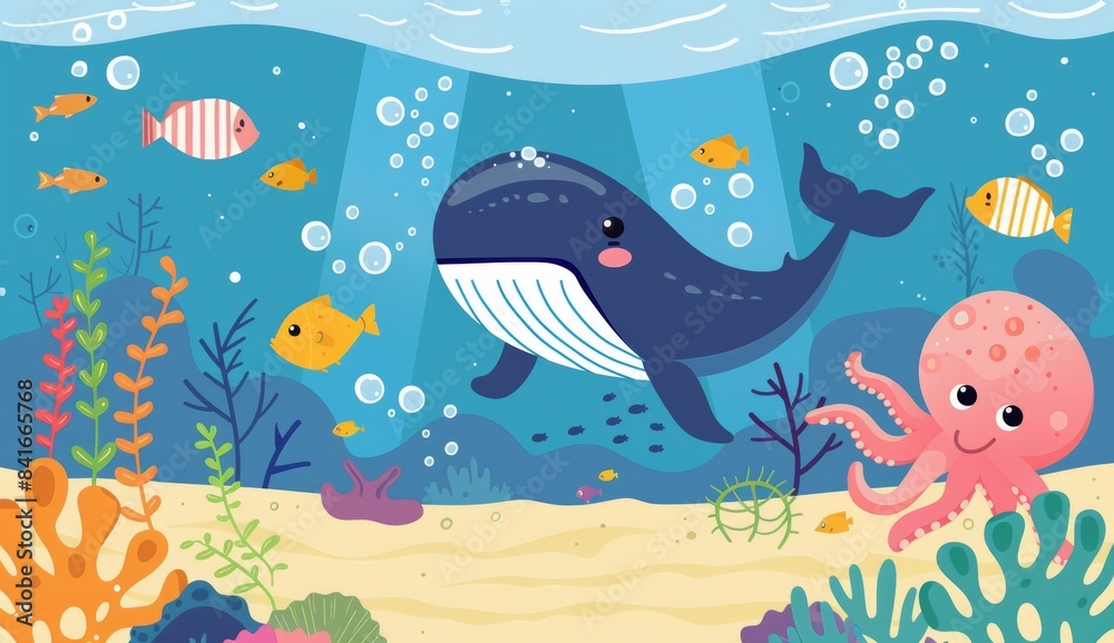 Sea world landscape with whale, fish, seaweed, and a colorful tropical sea life background. Aquatic animals, cartoon sea world landscape. Garish tropical sea life modern scene. Sea world landscape with whale, fish, seaweed, and a colorful tropical sea life background. Aquatic animals, cartoon sea world landscape. Garish tropical sea life modern scene.
