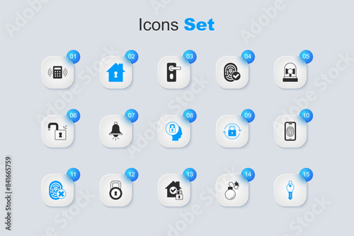 Set Bomb, Ringing alarm bell, House under protection, Cancelled fingerprint, Key, Mobile with scanner, Security keypad access panel and Lock icon. Vector