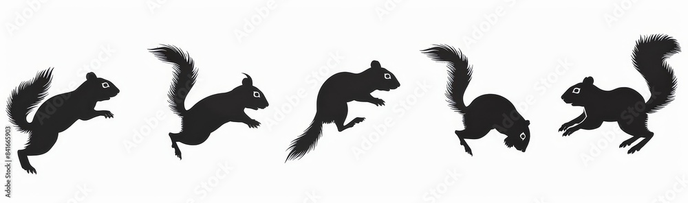 Animal cartoon squirrel running, hopping, standing and jumping on a modern background. Silhouettes of cartoon squirrel characters isolated on a white background. Animal cartoon squirrel running, hopping, standing and jumping on a modern background. Silhouettes of cartoon squirrel characters isolated on a white background.