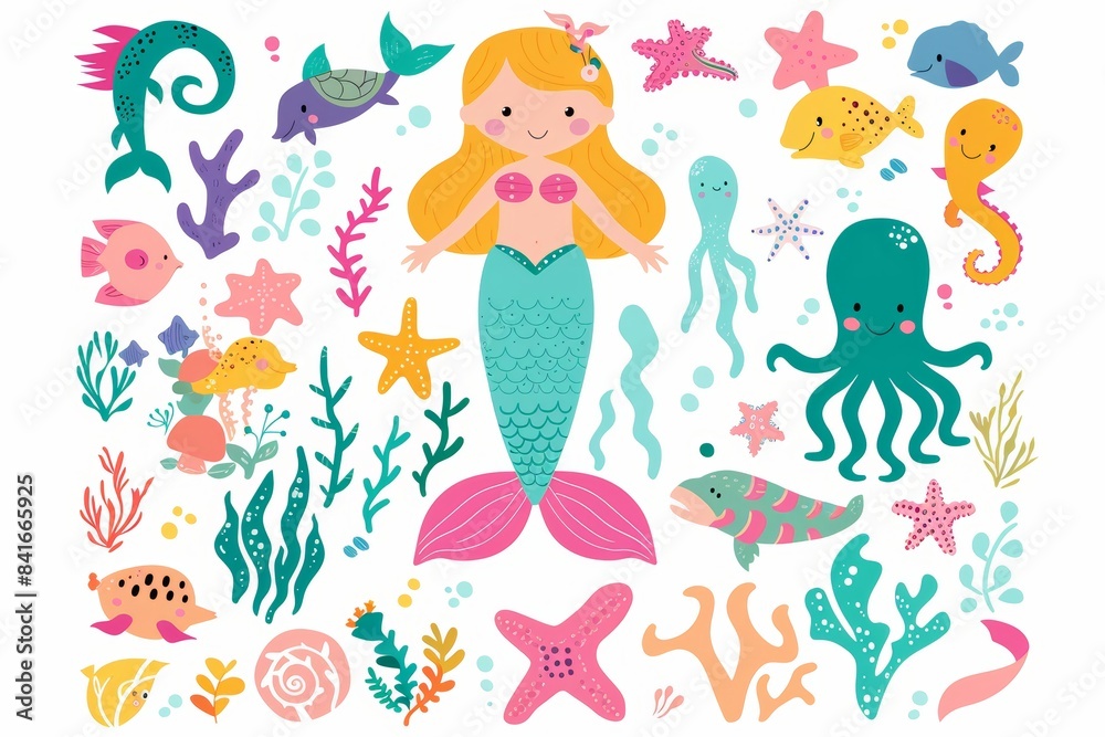 Mermaids, fish, whales, dolphins, starfish, crabs, and sharks in patchwork style on white background. Mermaids, fish, whales, dolphins, starfish, crabs, and sharks in patchwork style on white background.
