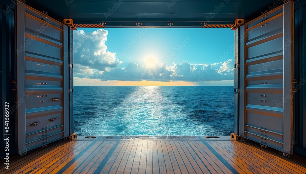 Sunset view from a container ship's opening Sunset view from a container ship's opening