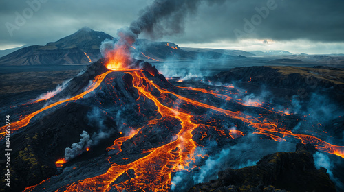 Erupting volcano with flowing lava  dark volcanic landscape  dramatic clouds  Icelandic terrain  natural phenomenon  geological activity