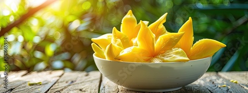 Carambola in a bowl in a white bowl on a wooden table. Selective focus photo
