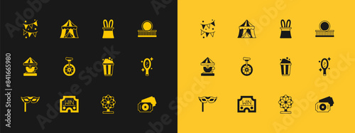 Set Roller coaster, Casino win, Popcorn cardboard box, Ferris wheel, Unicycle, Magician hat and rabbit ears, Carnival garland with flags and Circus tent icon. Vector