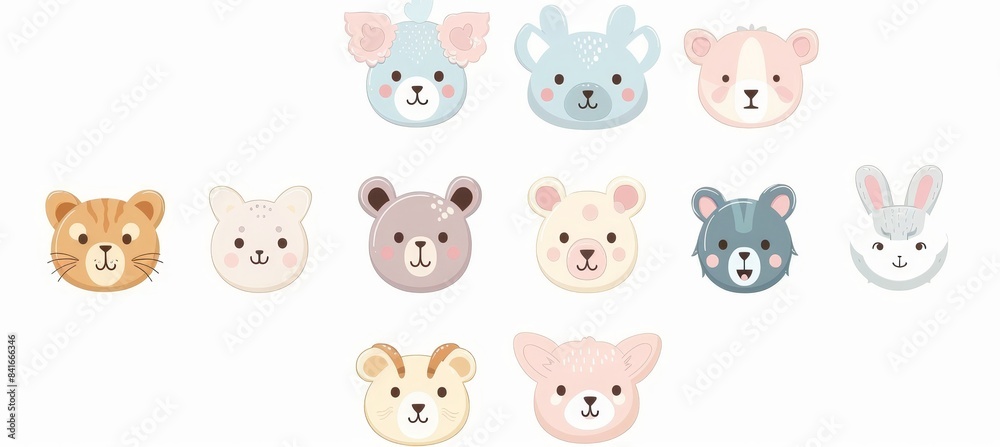 Cute animals icons, zoo cartoon characters in asian style. Funny chinese or korean stickers of the day. Cute animals icons, zoo cartoon characters in asian style. Funny chinese or korean stickers of the day.