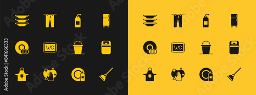 Set Refrigerator, Sponge, Bucket, Dishwashing bottle and plate, Toilet, Antibacterial soap, Washing dishes and Drying clothes icon. Vector