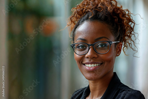 Smiling young African American woman with glasses, curly hair, professional attire, outdoors in natural light
