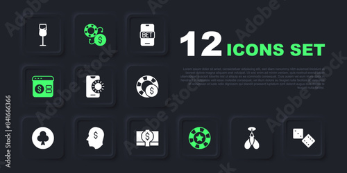 Set Dart arrow, Game dice, Online sports betting, Casino chips, poker table game, Lucky player, exchange and Stacks paper money cash icon. Vector