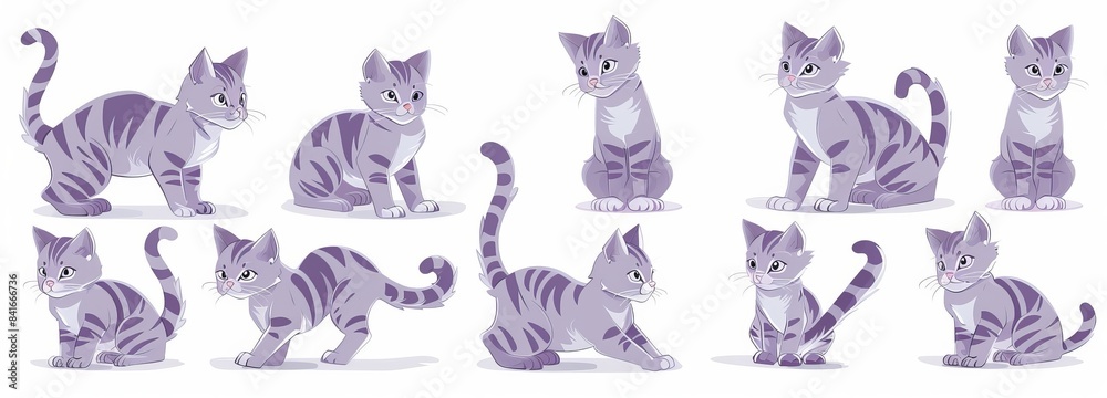 A cute kitten with a mackerel tabby colored coat, playful companion, and an active, healthy kitten. Modern flat style cartoon illustration isolated on white background.