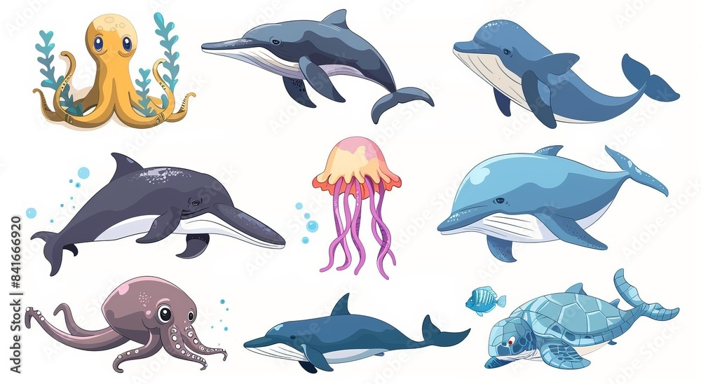 Animals of the ocean set isolated flat cartoon icons. Seaweed, algae and seashells, jellyfish and whale, sharks and turtles, squids and clownfish. Animals of the ocean set isolated flat cartoon icons. Seaweed, algae and seashells, jellyfish and whale, sharks and turtles, squids and clownfish.