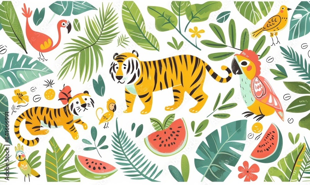 Hand drawn tropical modern illustration with exotic animals, flowers, and plants. Hand drawn tropical modern illustration with exotic animals, flowers, and plants.