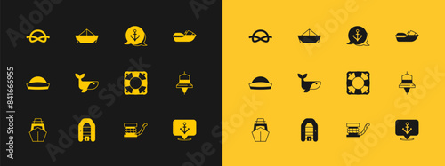 Set Jet ski, Inflatable boat with motor, Lifebuoy, Marine bollard rope, Whale, Anchor, Nautical knots and Folded paper icon. Vector