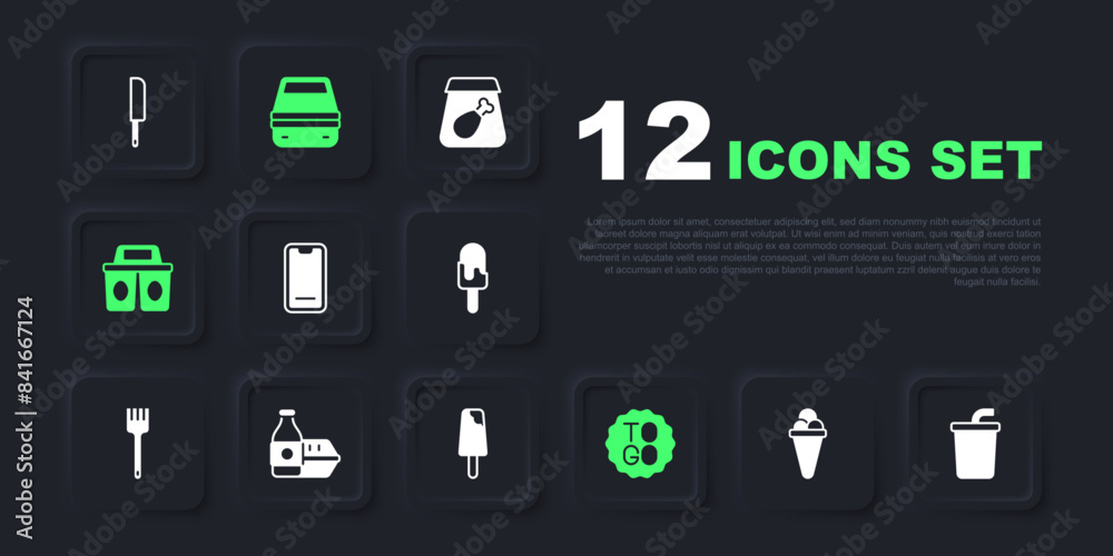Set Ice cream in waffle, Paper glass with water, Food ordering on mobile, Coffee cup to go, Online food, Lunch box and icon. Vector Set Ice cream in waffle, Paper glass with water, Food ordering on mobile, Coffee cup to go, Online food, Lunch box and icon. Vector