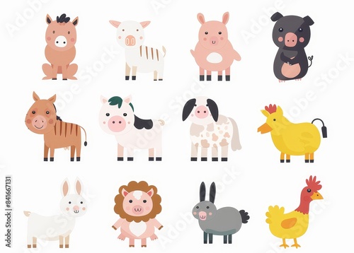 A collection of cute cartoon animals on a white background in flat style. These are sheep, goats, cows, donkeys, horses, pigs, cats, dogs, ducks, geese, chickens, hens, and roosters.