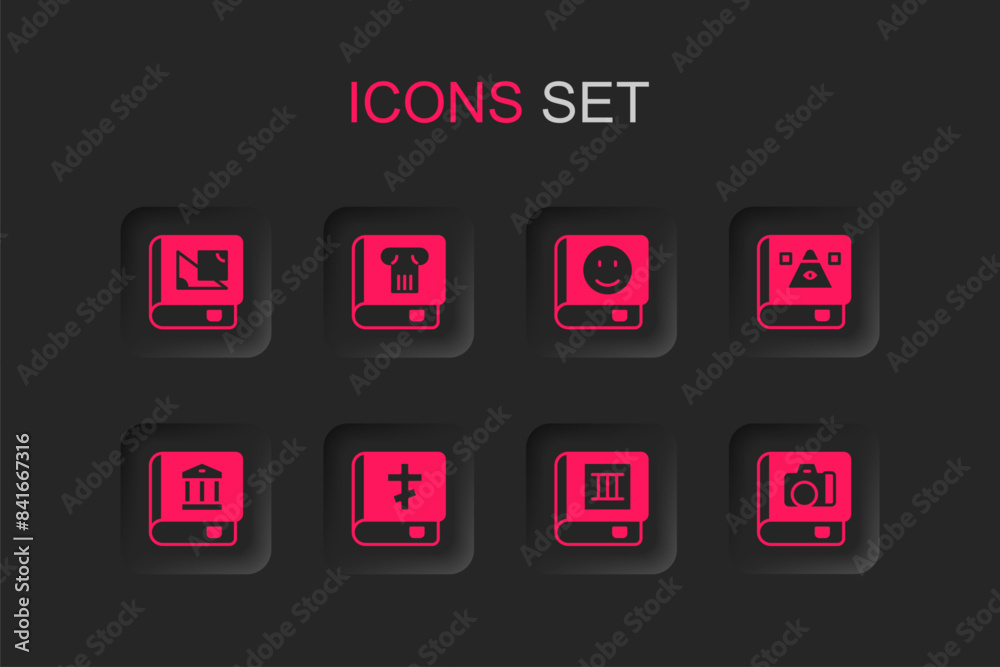 Set Holy bible book, History, Book about geometry, Ancient magic, Photo album gallery, and Law icon. Vector Set Holy bible book, History, Book about geometry, Ancient magic, Photo album gallery, and Law icon. Vector