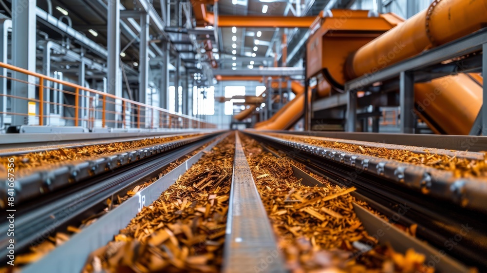 Efficient Biomass Preprocessing Plant with Shredders and Conveyors in Clean, Minimalist Setting under Bright Lighting Efficient Biomass Preprocessing Plant with Shredders and Conveyors in Clean, Minimalist Setting under Bright Lighting