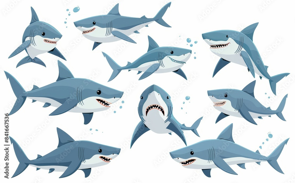 Fototapeta premium A funny ocean fish character set featuring shark emotions. A shark fish mascot. Comic style modern character set illustrating wild fish in a comic style.