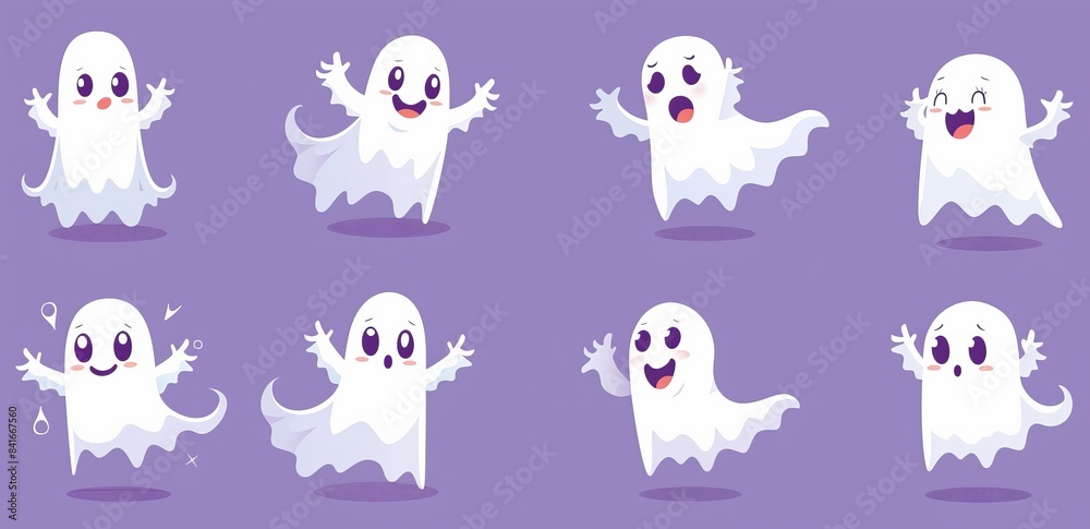 Ghost emoji funny death face, cartoon poltergeist in fabric costume, happy halloween ghostly monster child spirit character, ingenious modern illustration.