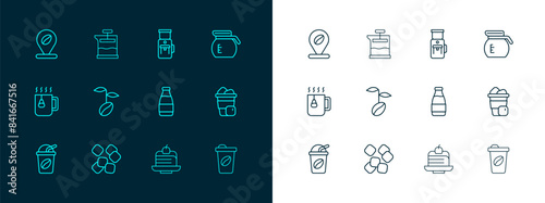 Set line Coffee pot, Sugar cubes, Milk bottle, Piece cake, beans, Electric coffee grinder, Location with and French press icon. Vector