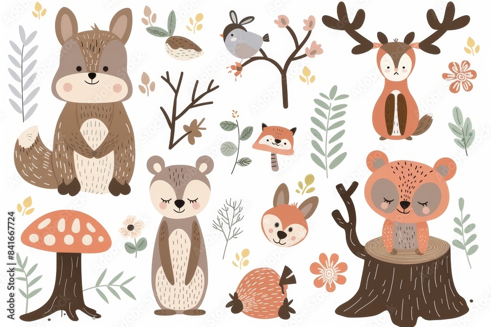 An illustration set of cute forest animals and Scandinavian forest elements isolated on a white background. An illustration set of cute forest animals and Scandinavian forest elements isolated on a white background.