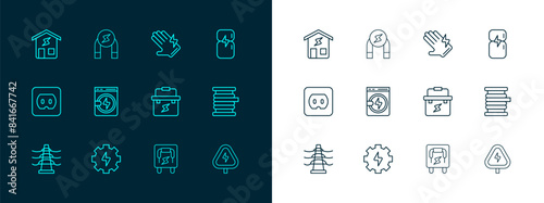 Set line Refrigerator, Gear and lightning, Toolbox electrician, Electrical panel, Washer, glove, Smart home and Magnet icon. Vector
