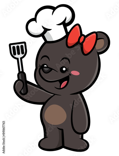 Funny bear cub cartoon characters wearing butterfly hair ties, chef hat, and apron. carrying a spatula and get ready for cooking. Best for sticker, logo, and mascot with culinary themes for kids