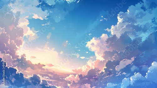 Vibrant blue sky adorned with fluffy white clouds, creating a dynamic and expansive atmosphere anime style © Deris Firmansyah