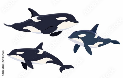 Set of aquatic animals. Humpback  sperm  and killer whales  dolphins  sharks  and belugas in different poses. Modern flat icons illustration isolated on white.