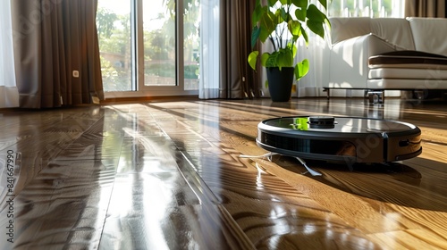 Robotic vacuum cleaner on a wooden floor in a smart home photo