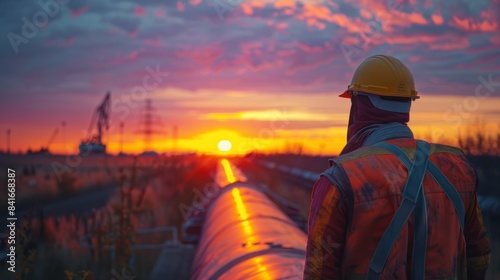 Pipeline Transportation Oversight at Dusk by Worker