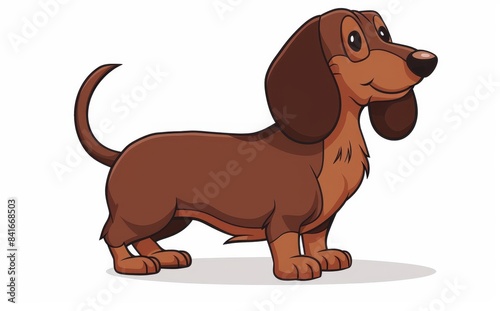 The modern illustration shows a dachshund dog standing.