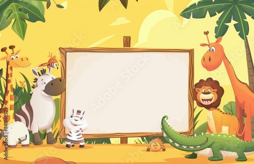 Wild animals in a forest on an empty wooden frame