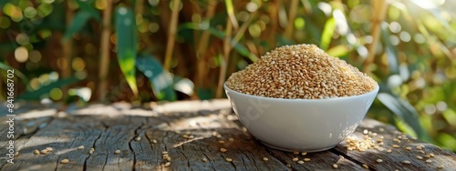 sesame in a bowl in a white bowl on a wooden table. Selective focus