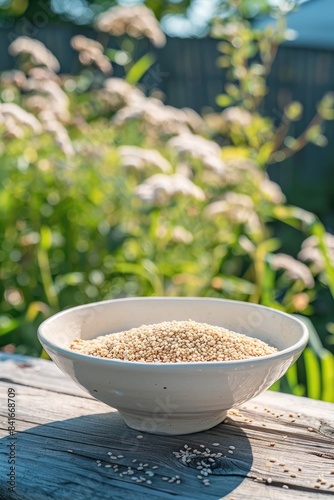sesame in a bowl in a white bowl on a wooden table. Selective focus