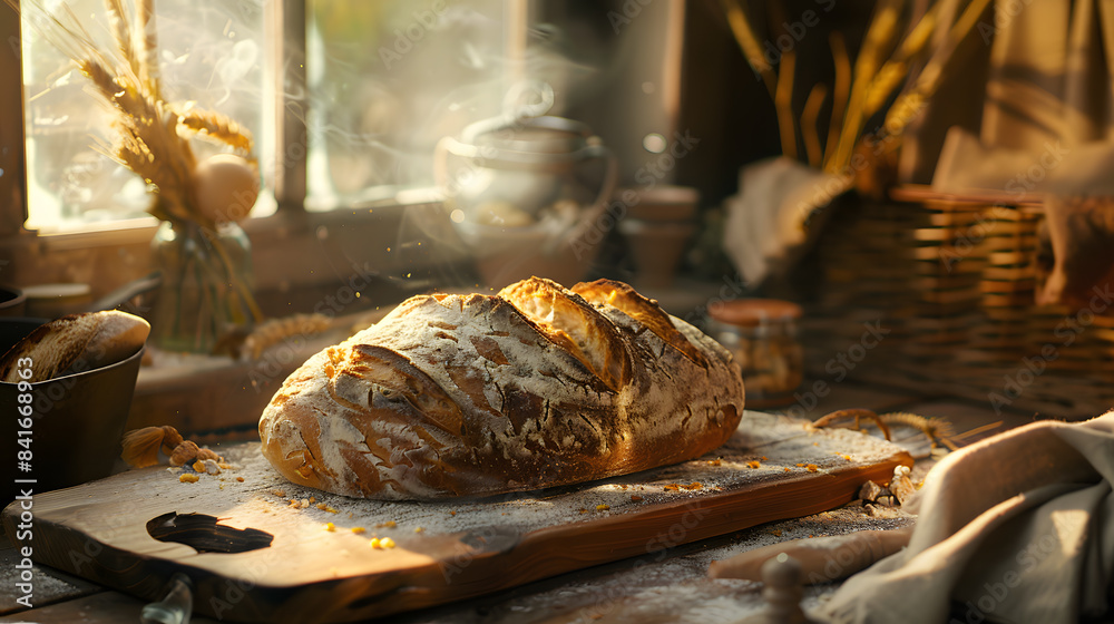 handmade bread on wood, warm ambiance, natural light handmade bread on wood, warm ambiance, natural light