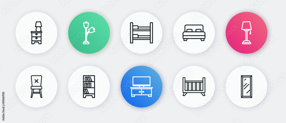 Set line TV table stand, Floor lamp, Chair, Baby crib cradle bed, Big, Bunk, full length mirror and Library bookshelf icon. Vector