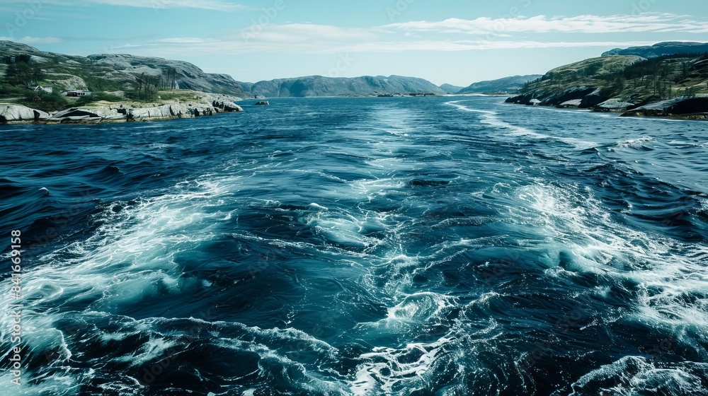 Saltstraumen's deep blue waters showcasing vigorous tidal currents Saltstraumen's deep blue waters showcasing vigorous tidal currents