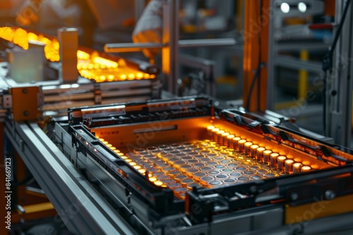 Detailed close-up of battery cells inserted into a pack on a well-lit assembly line, showcasing precision craftsmanship, Created with Generative AI.