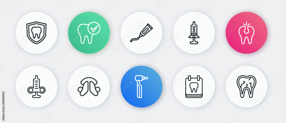 Set line Tooth drill, Broken tooth, Syringe, Calendar with, Tube of toothpaste, and Dental plate icon. Vector Set line Tooth drill, Broken tooth, Syringe, Calendar with, Tube of toothpaste, and Dental plate icon. Vector