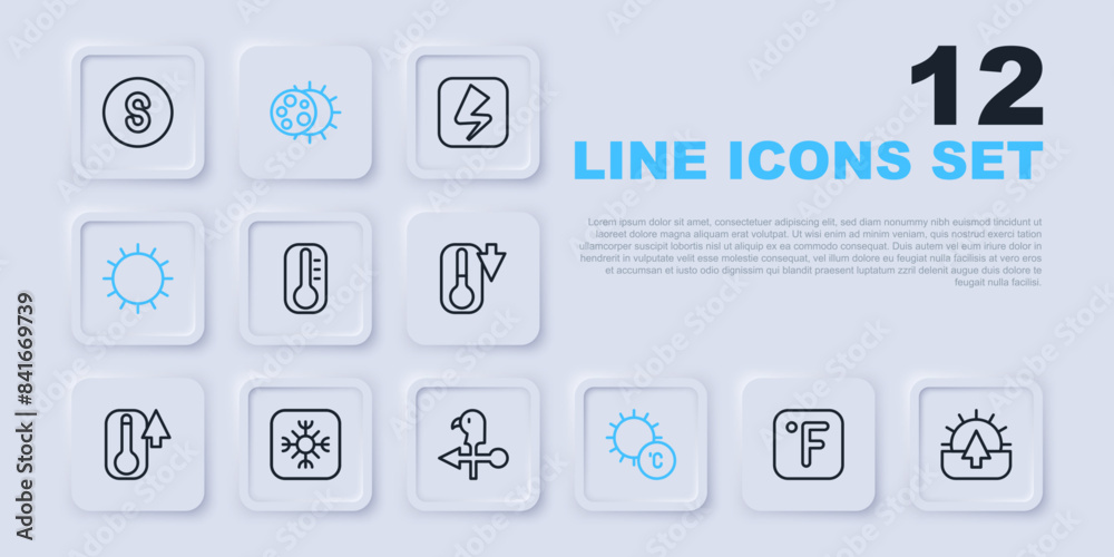 Set line Fahrenheit, Sunrise, Thermometer, Snowflake, Eclipse of the sun and Rooster weather vane icon. Vector Set line Fahrenheit, Sunrise, Thermometer, Snowflake, Eclipse of the sun and Rooster weather vane icon. Vector