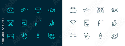 Set line Fish, Fisherman, Fishing rod, lure, Served fish on plate, Campfire and pot, Case or box for fishing equipment and harpoon icon. Vector