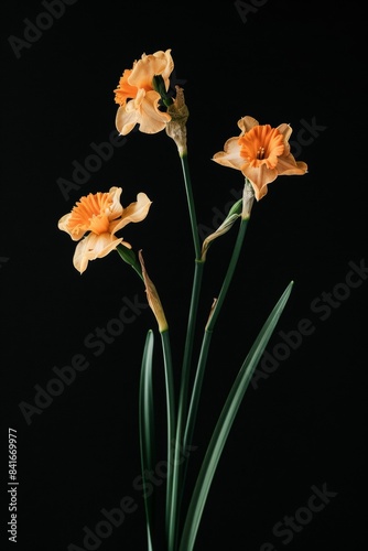 Flower Photography, Narcissus pseudonarcissus Close up view, Isolated on Black Background