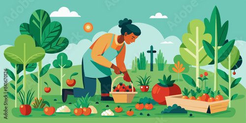 Woman harvesting vegetables in a lush garden, promoting organic farming and sustainable agriculture.