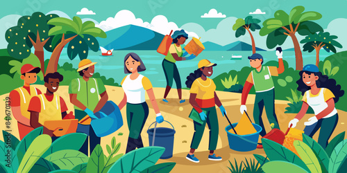 Group of people cleaning a beach, promoting environmental conservation and community involvement in eco-friendly practices.