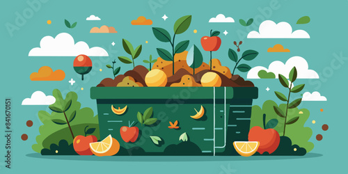 Compost bin filled with organic waste, fruits, and vegetables, promoting eco-friendly waste management and sustainability.