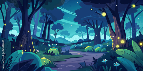 Enchanting forest at night with glowing fireflies and a starry sky, creating a magical atmosphere.