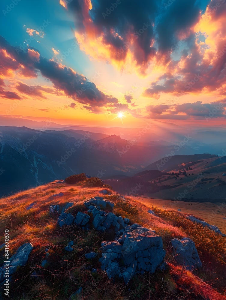 Naklejka premium Breathtaking Sunset Over Majestic Mountain Peaks Amid Dramatic Cloudy Sky in Remote Wilderness Landscape