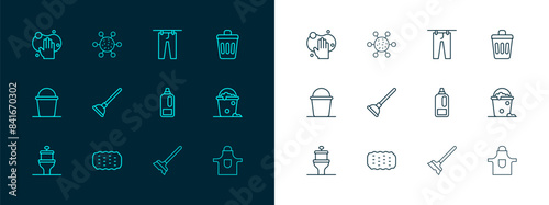 Set line Trash can, Sponge, Bottle for detergent, Mop, Rubber plunger, Drying clothes, and Bacteria icon. Vector