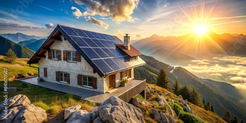 House on the mountain with solar energy photovoltaic power roof under the sun